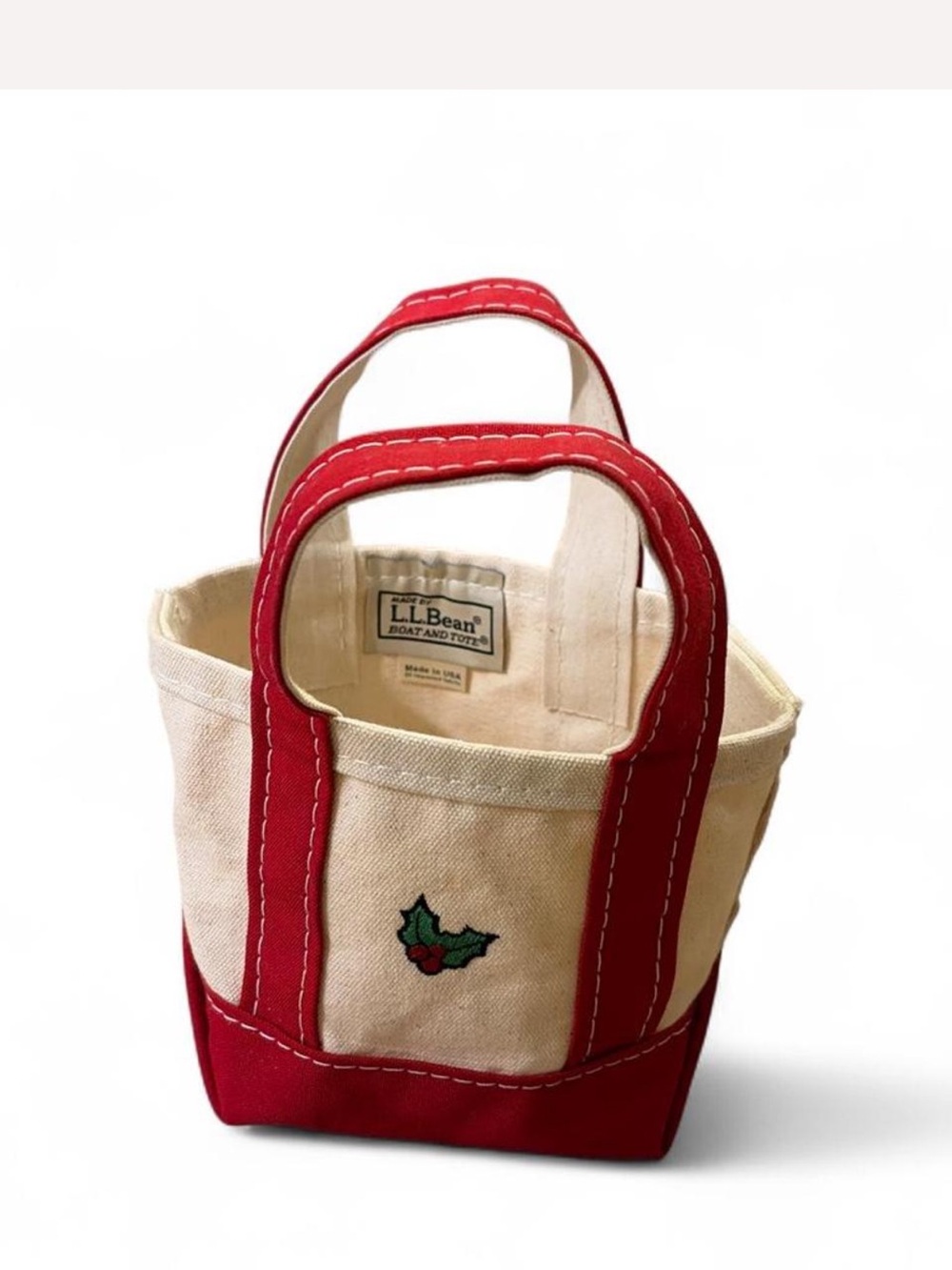 VTG L.L.Bean mini red and cream canvas boat and tote bag with Christmas motif